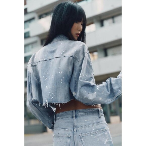 ZARA TRF STRASS CROP DENIM JACKET - Picture 5 of 9